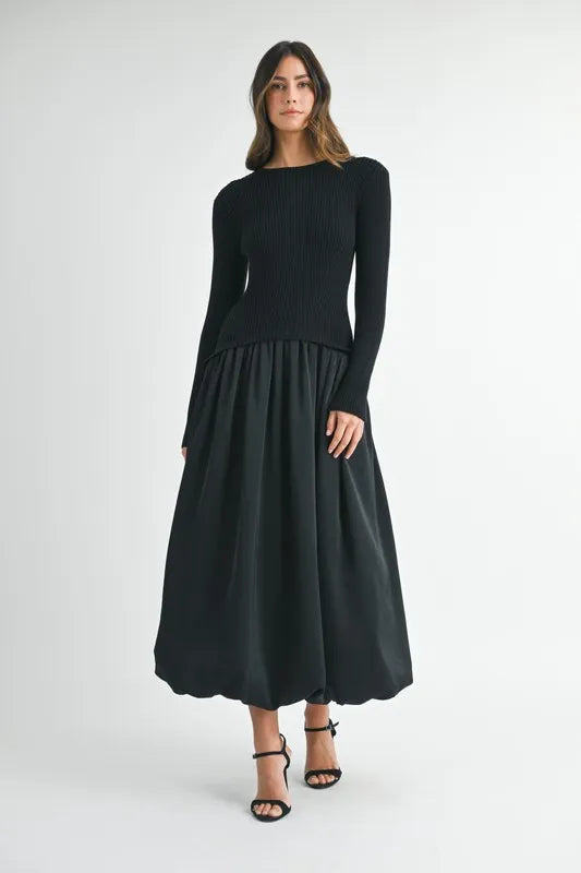 MABLE Ribbed Poplin Mix Midi Sweater Dress 