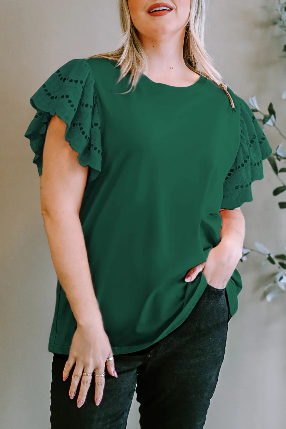Plus Size Eyelet Round Neck Short Sleeve Blouse 