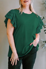 Plus Size Eyelet Round Neck Short Sleeve Blouse 