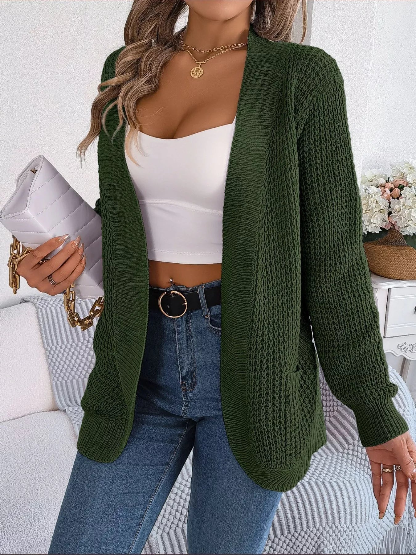 Chunky Knit Open Front Cardigan with Pockets 