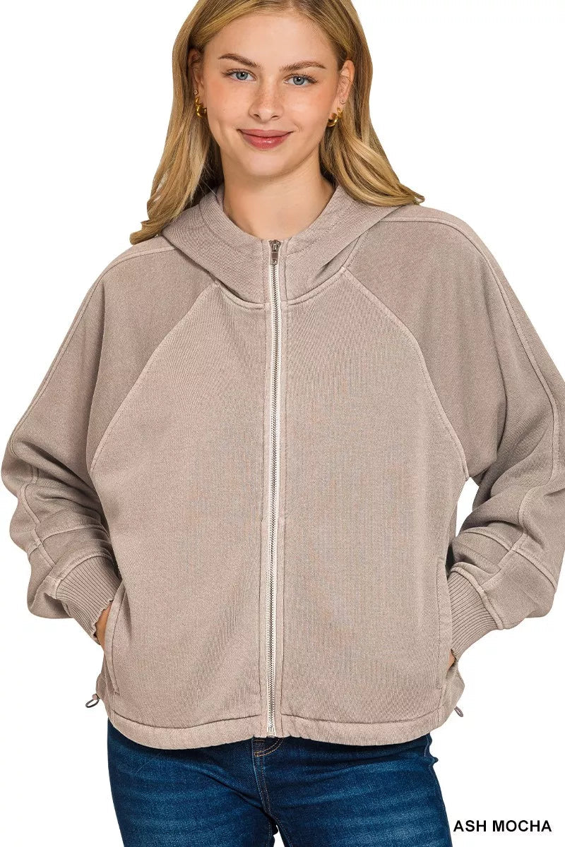 Zenana Fleece Pigment Dye Zip Up Hoodie with Pockets 