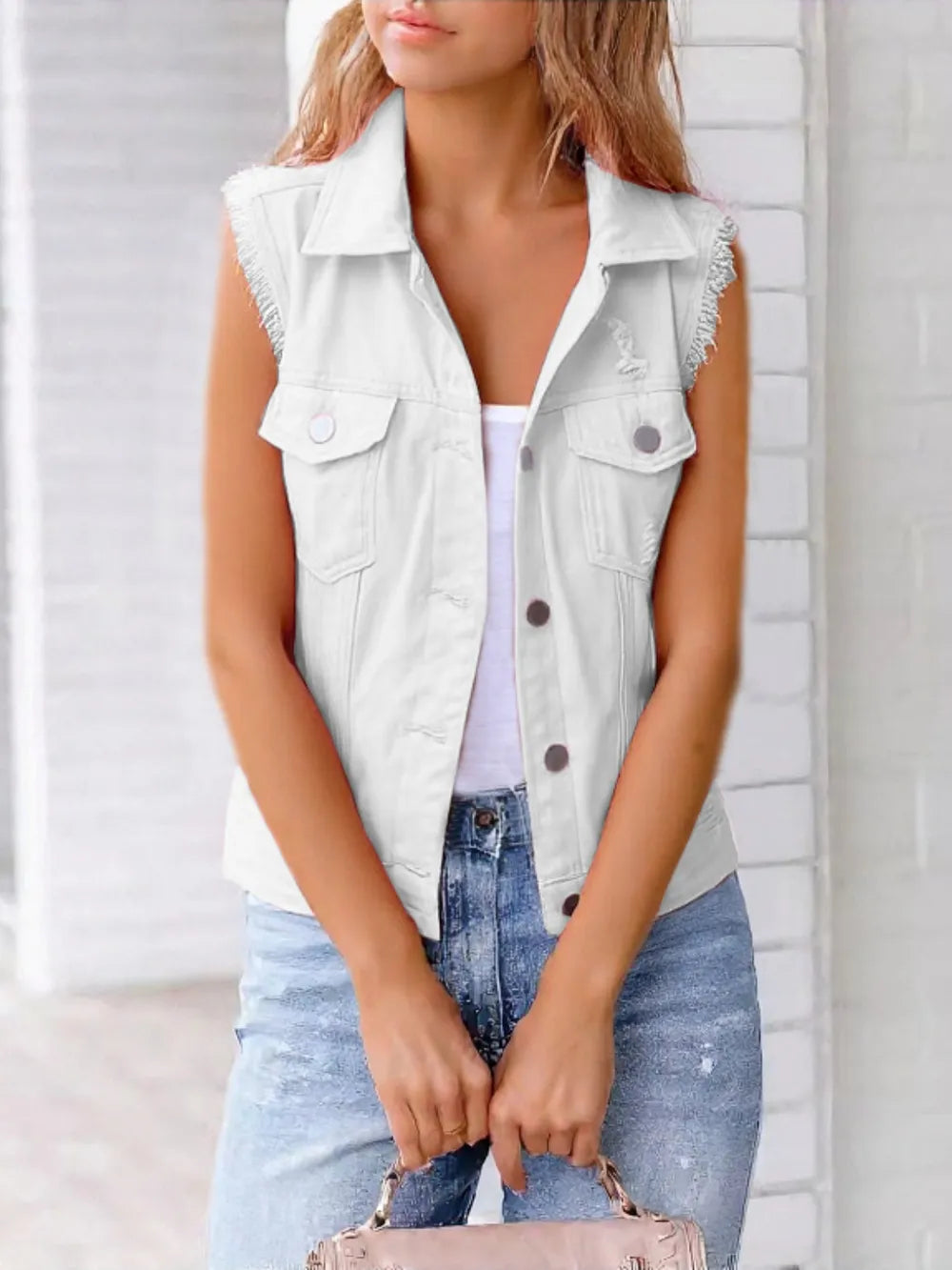 Full Size Button Down Raw Hem Sleeveless Denim Jacket Plus Size 