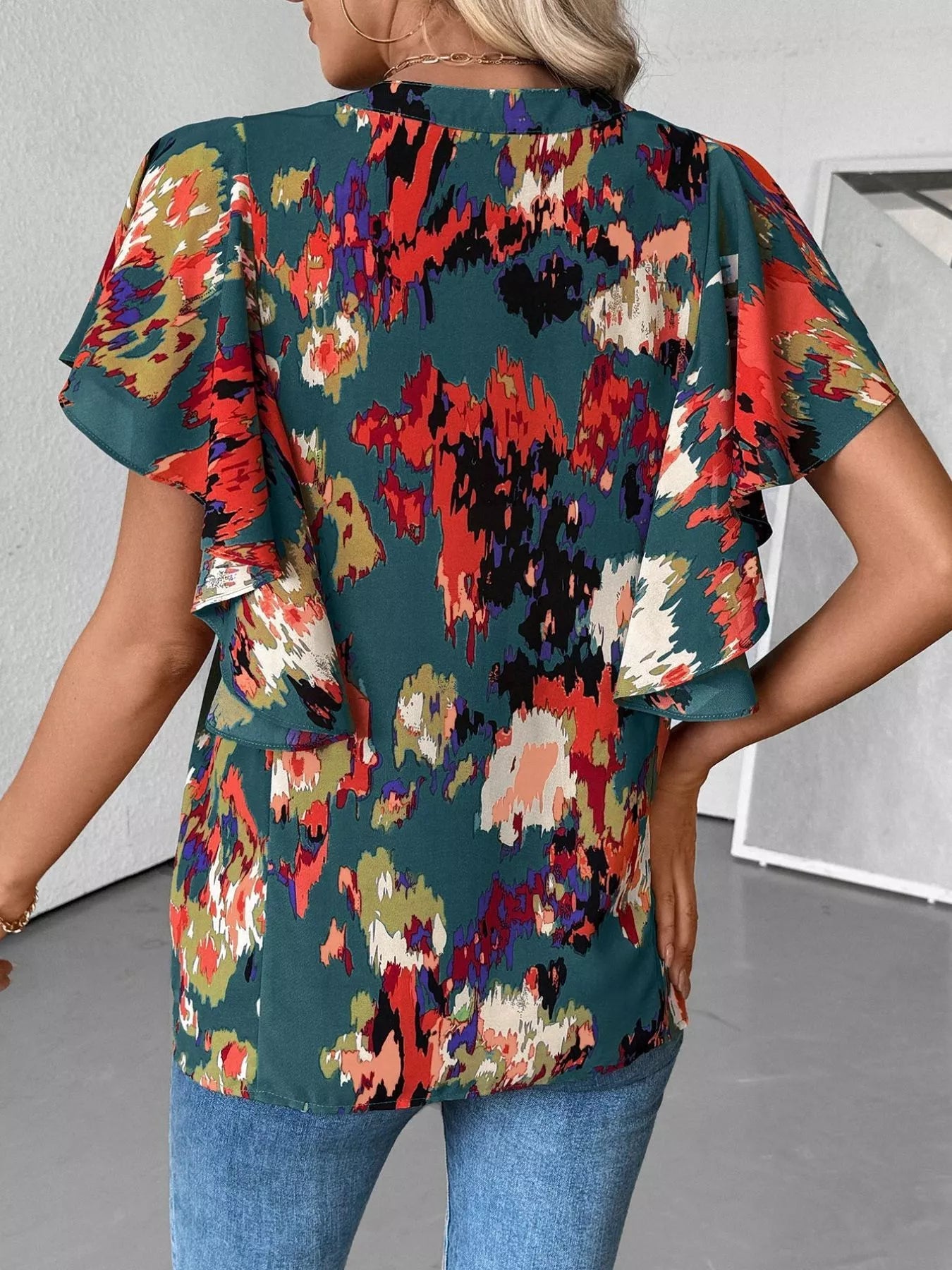Abstract Print Ruffle Sleeve Blouse 