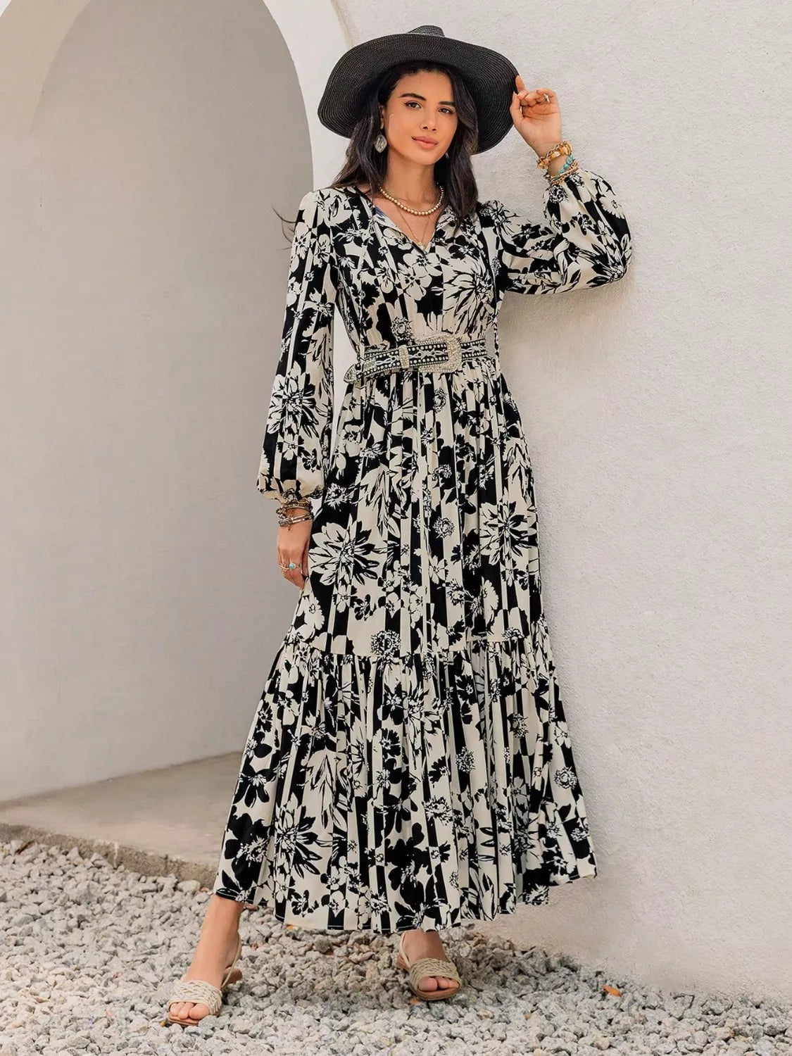 Plus Size Floral Print Balloon Sleeve Maxi Dress 
