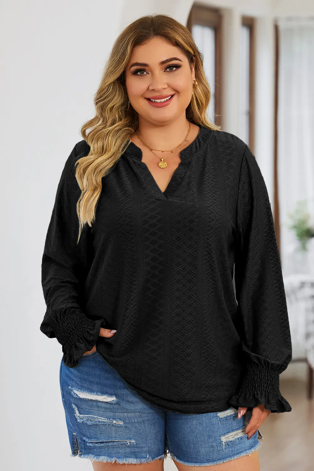 Plus Size Eyelet Notched Flounce Sleeve Blouse 