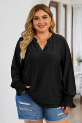Plus Size Eyelet Notched Flounce Sleeve Blouse 