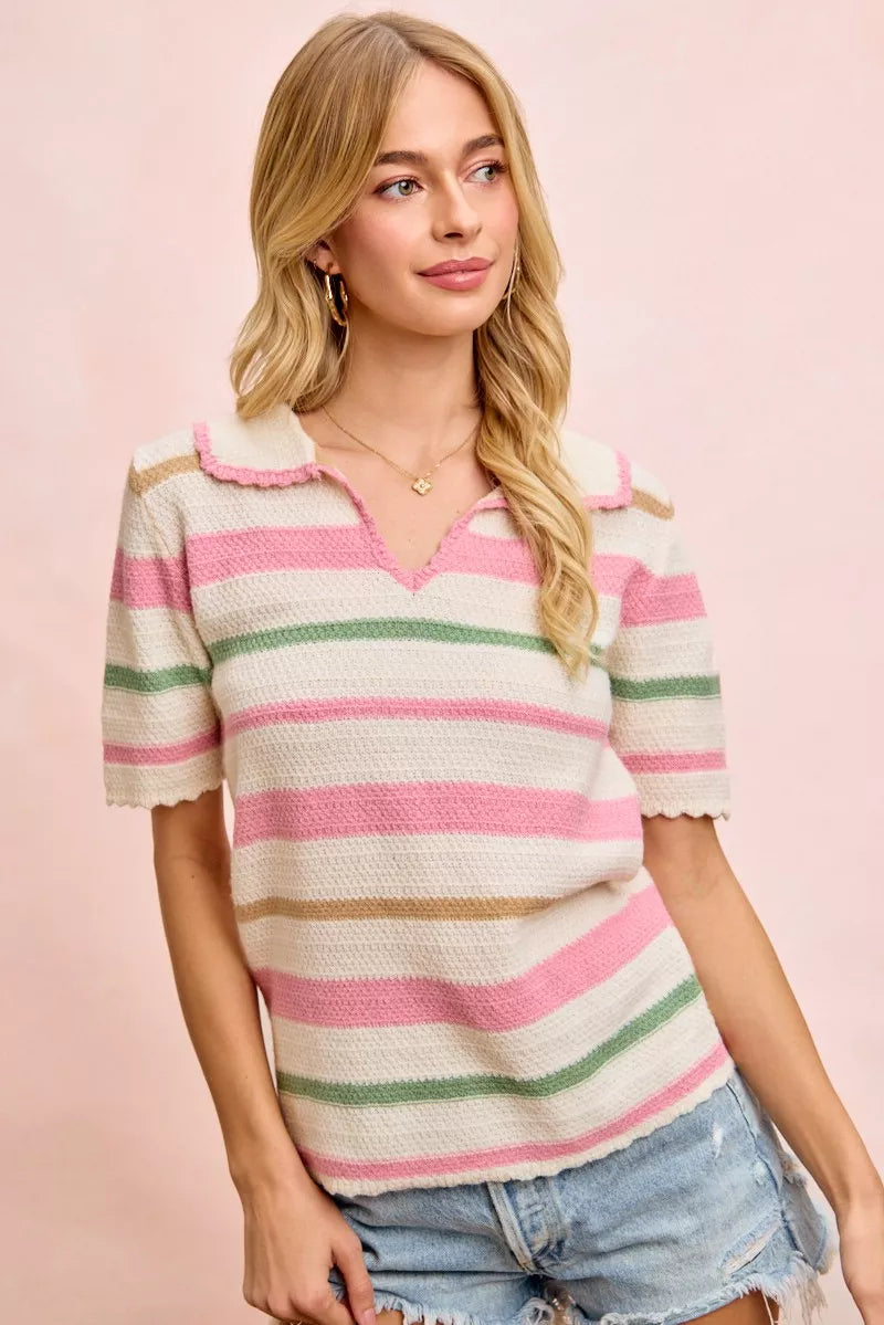 BiBi Multi Colors Stripes Collared Knit Top 