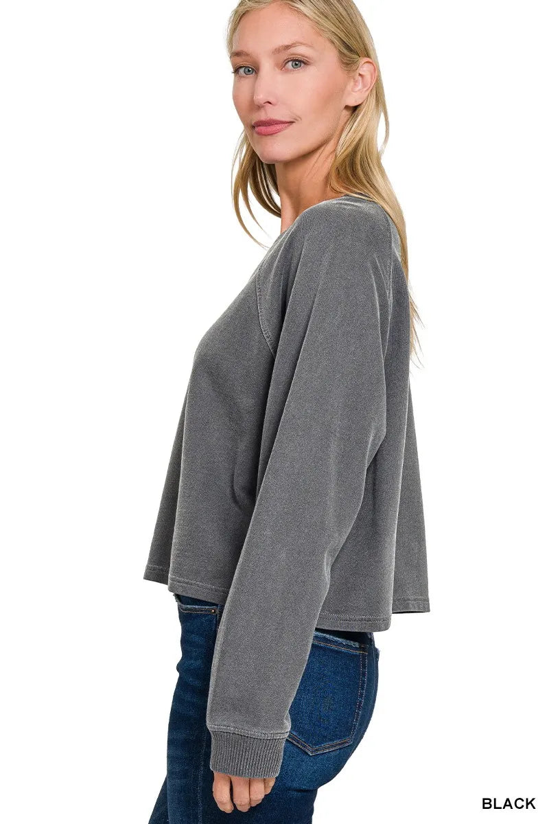 Zenana Washed F/terry Round Neck Pullover & Pants Set 