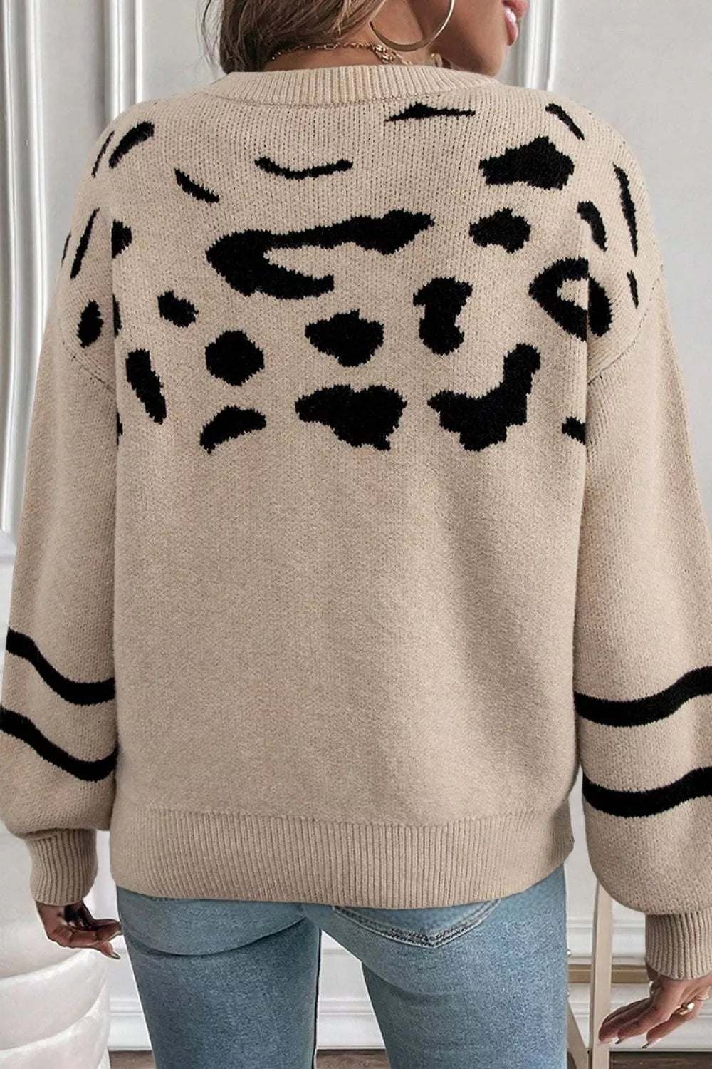 Leopard Round Neck Dropped Shoulder Sweater 