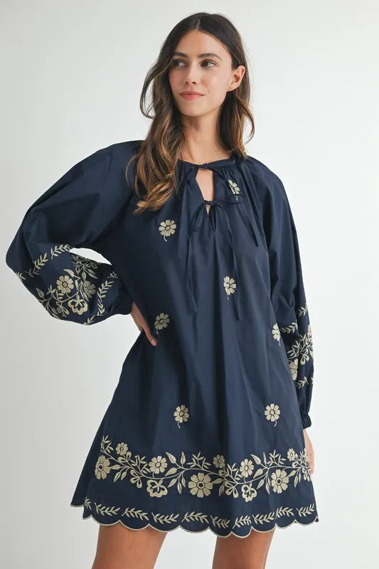 MABLE Embroidered Long Sleeve Peasant Mini Dress 