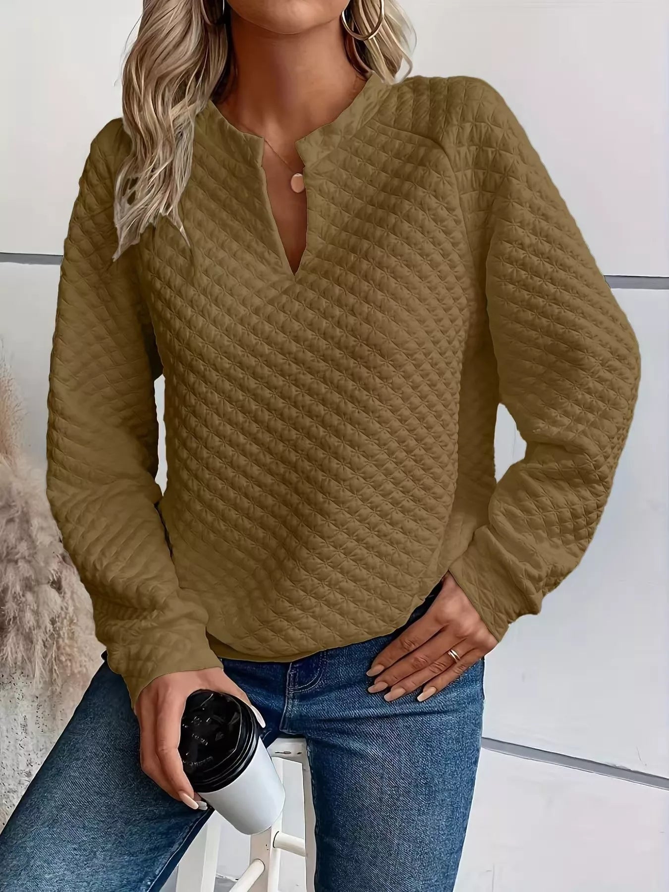 Textured Notched Raglan Sleeve Sweatshirt 