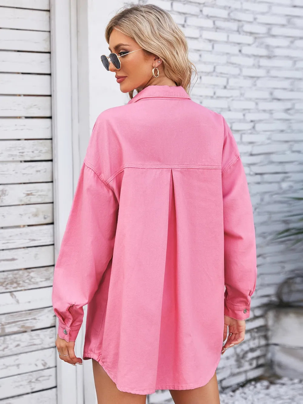 Pocketed Snap Down Dropped Shoulder Denim Shacket 