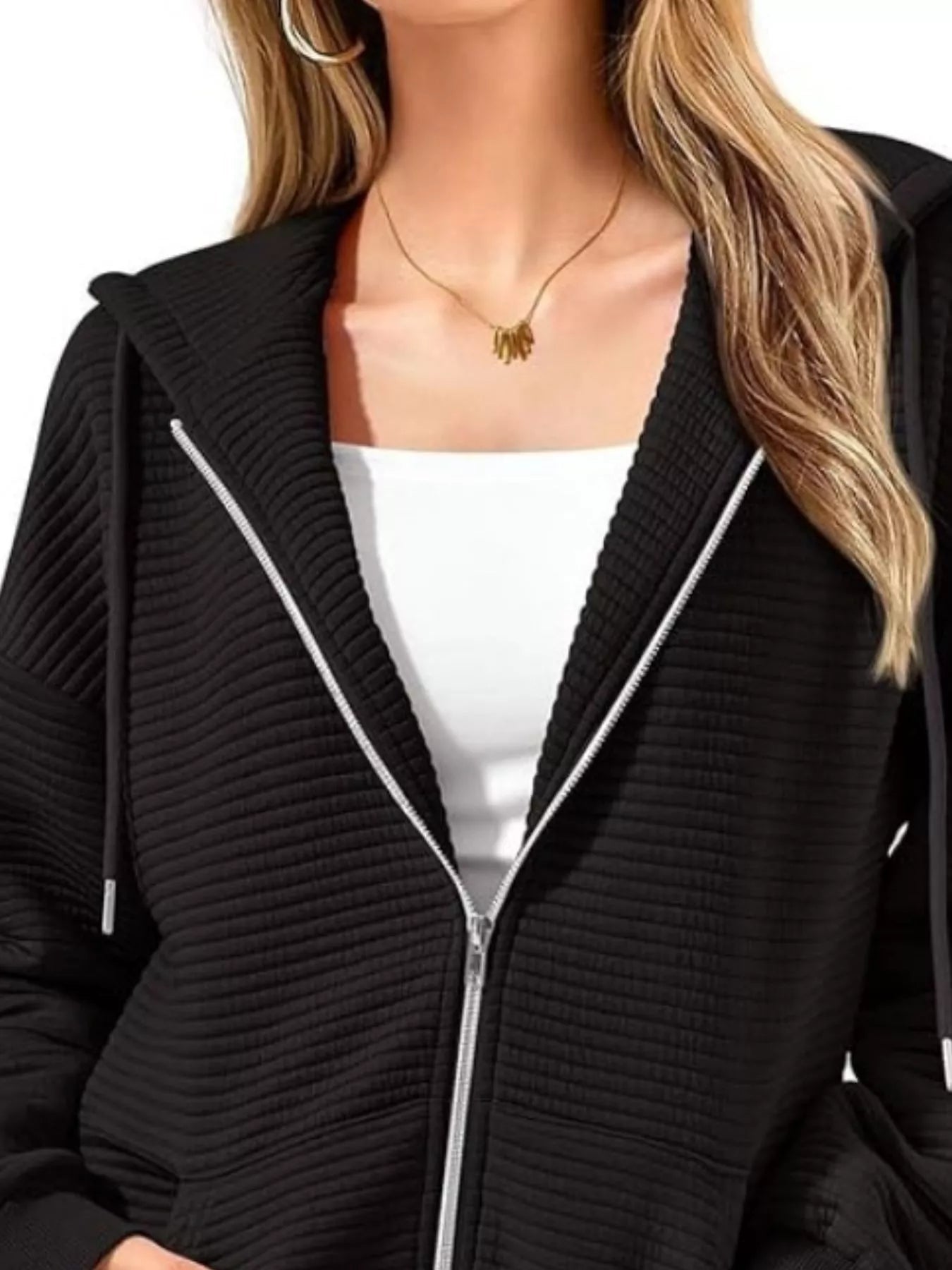 Drawstring Zip Up Dropped Shoulder Hoodie 