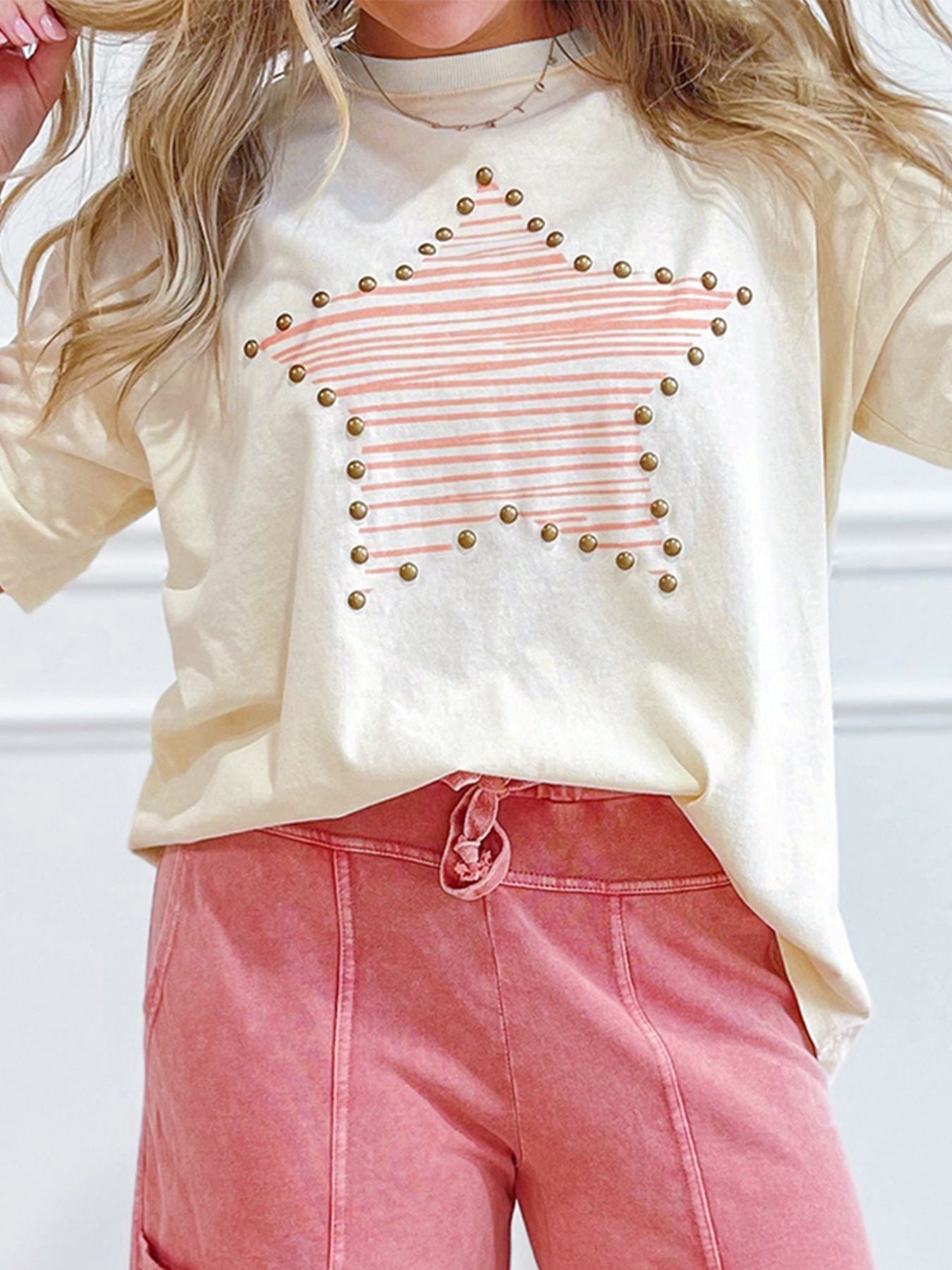 Star Print Stud Detail Cotton Jersey Top 