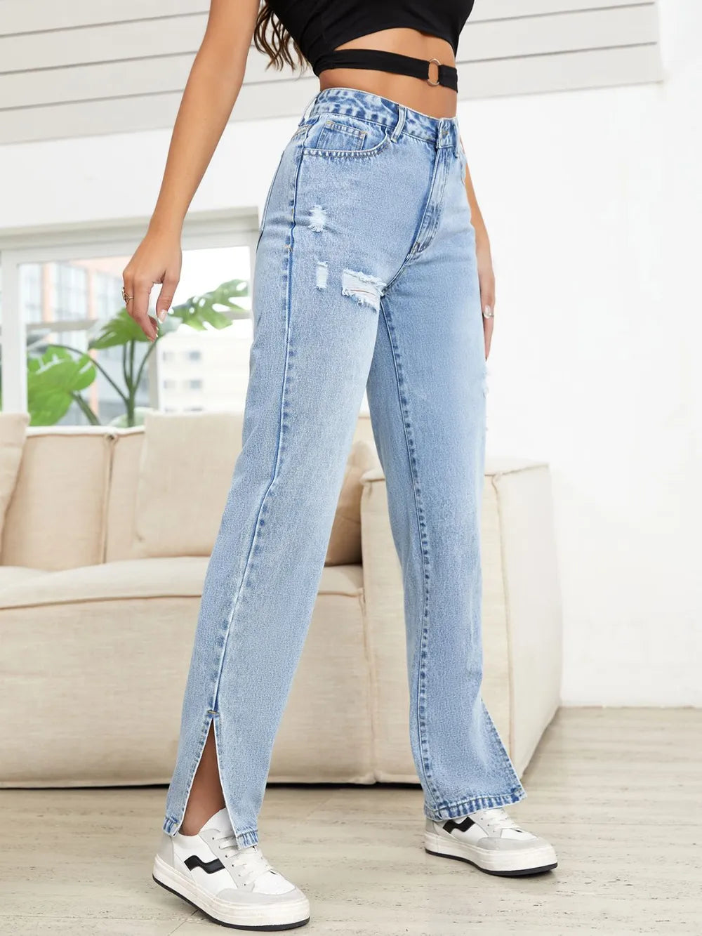 Distressed Slit Straight Leg Jeans 