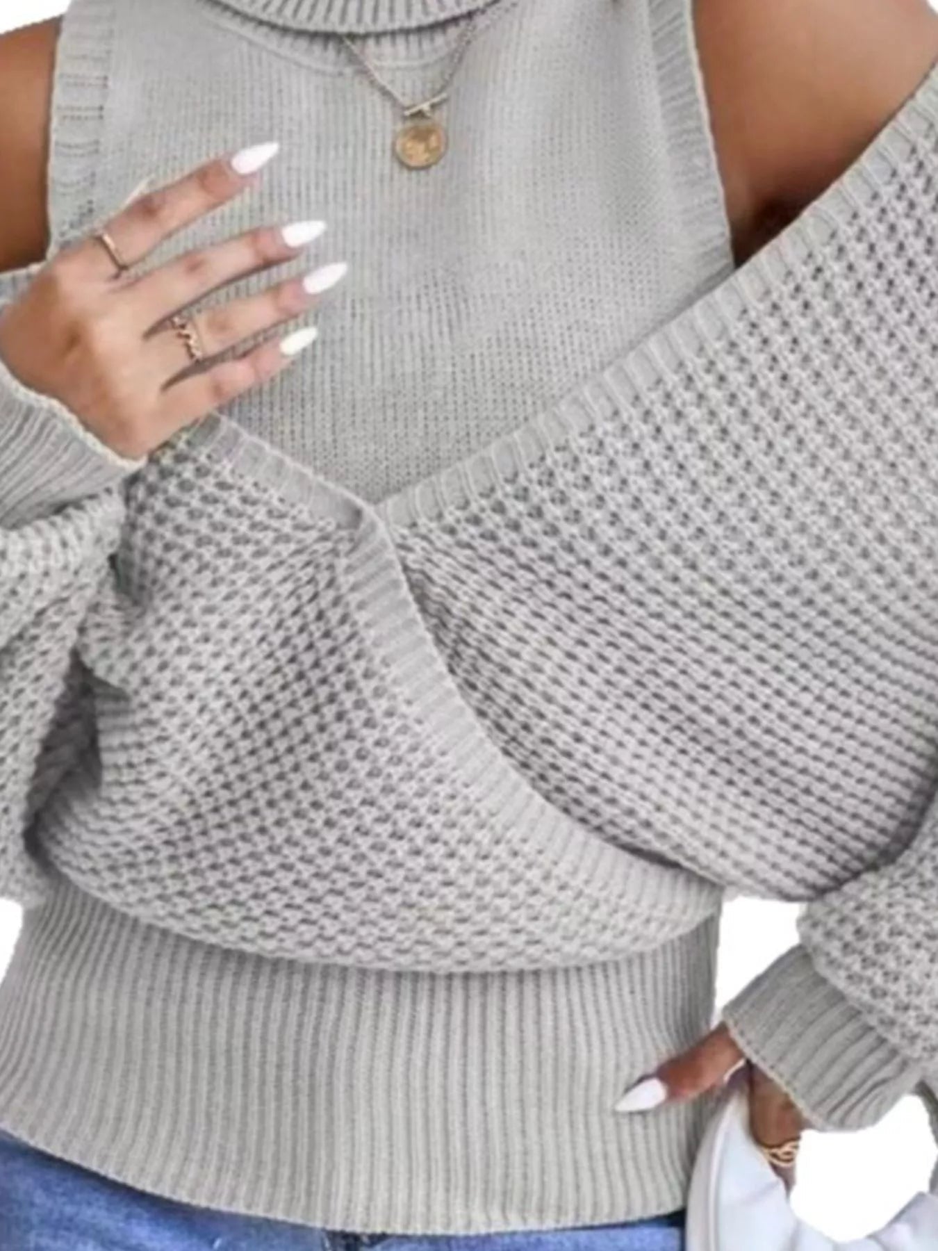 Waffle Knit Cold Shoulder Turtleneck Sweater 