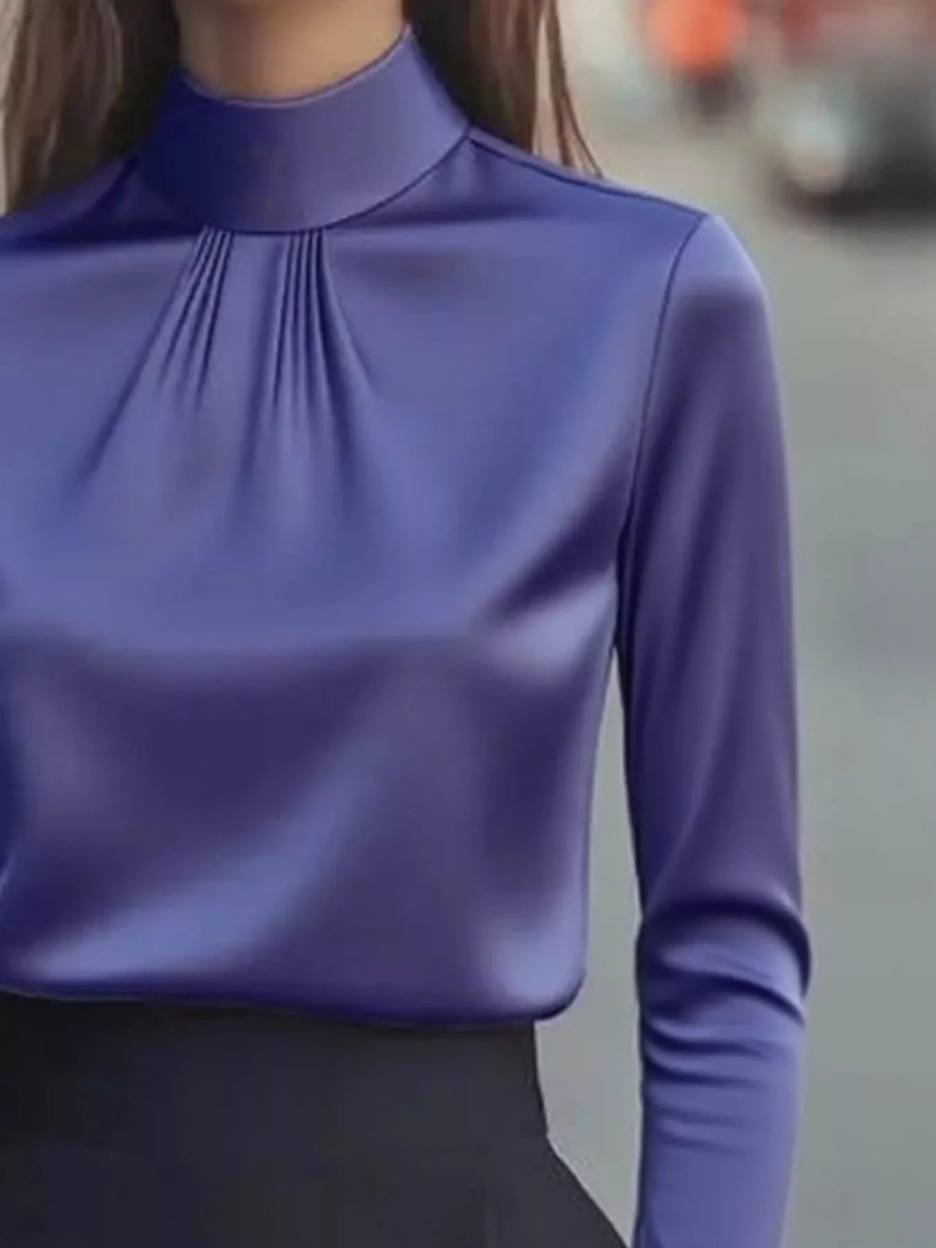 Mock Neck Long Sleeve Blouse with Pleated Detail 