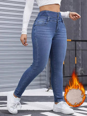 High-Waisted Slim Fit Fleece-Lined Jeans 