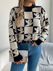 Halloween Ghost Pattern Checkered Round Neck Sweater 