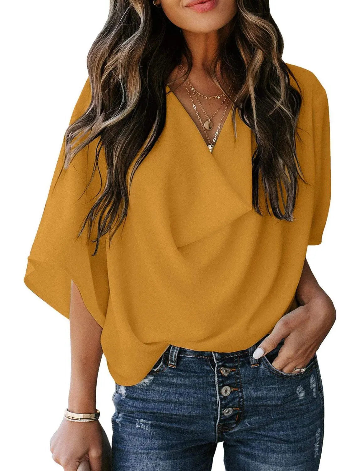 Full Size Ruched Three-Quarter Sleeve Blouse Plus Size 