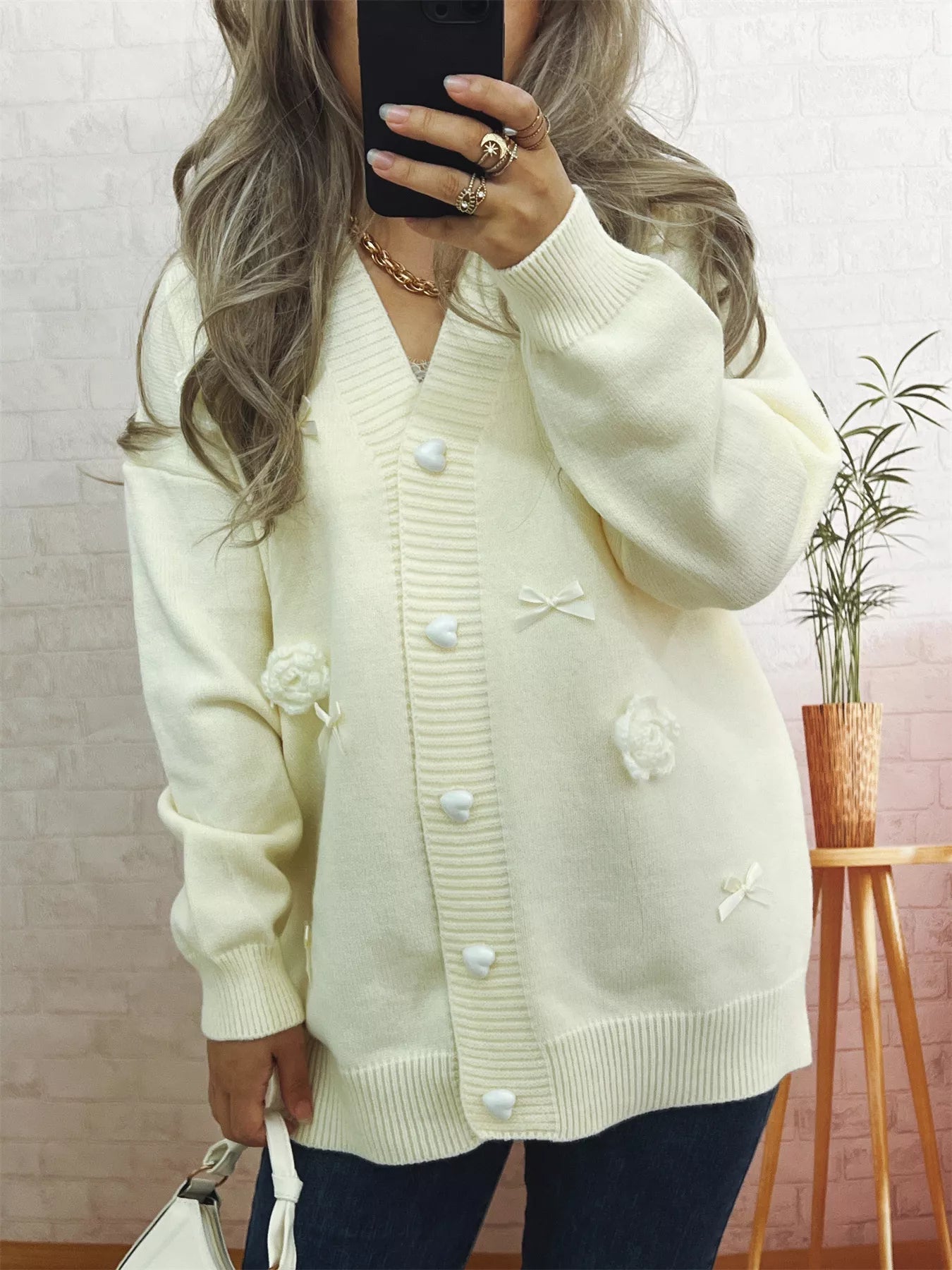 Flower Heart Button Long Sleeve Cardigan 