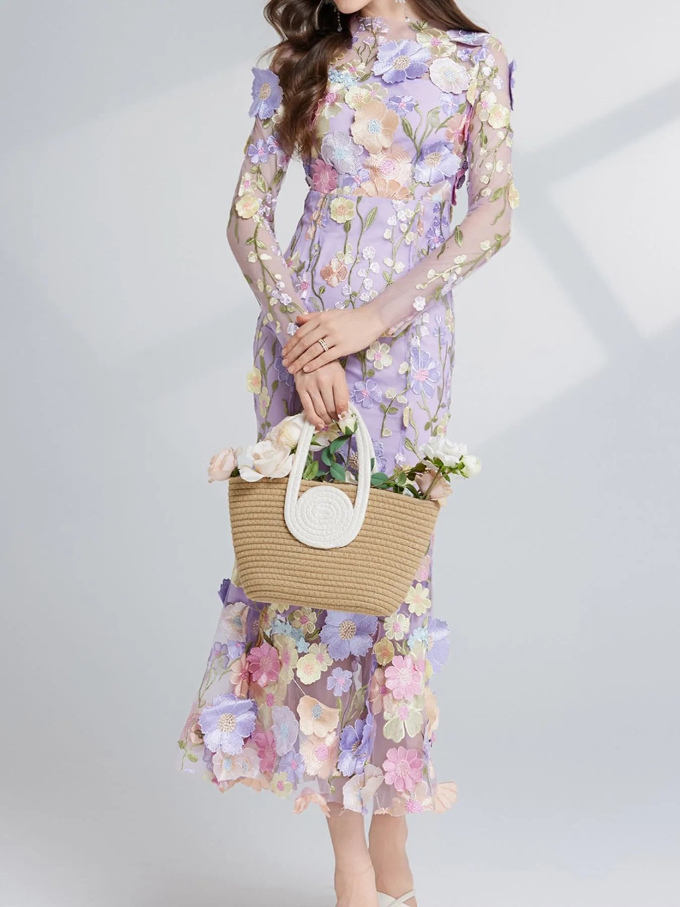 Floral Embroidered Mesh Long Sleeve Midi Dress 