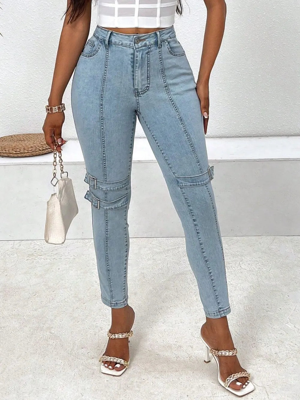Decorative Buckle Skinny Jeans with Pockets 
