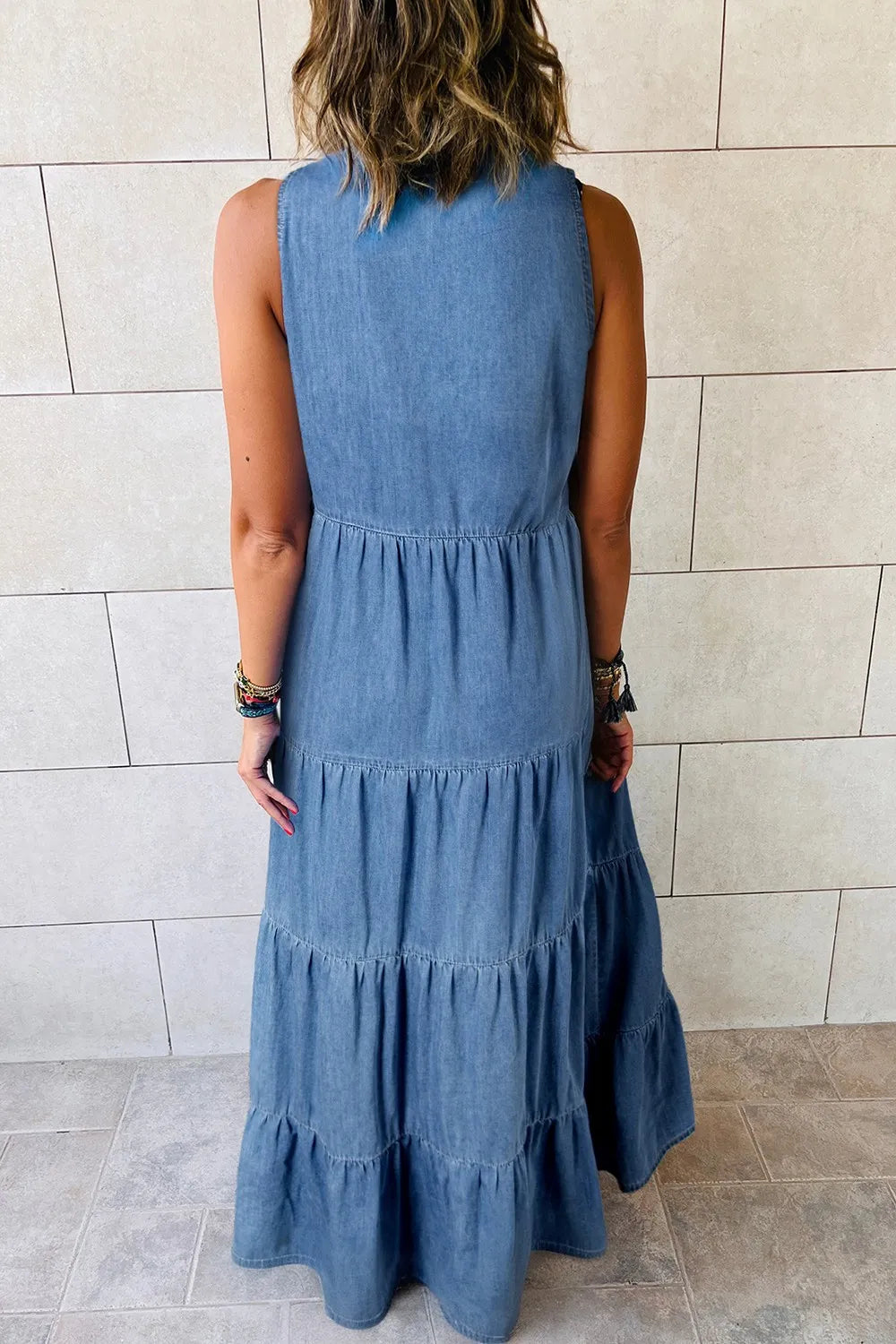 Tie Neck Tiered Maxi Denim Dress 