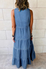 Tie Neck Tiered Maxi Denim Dress 
