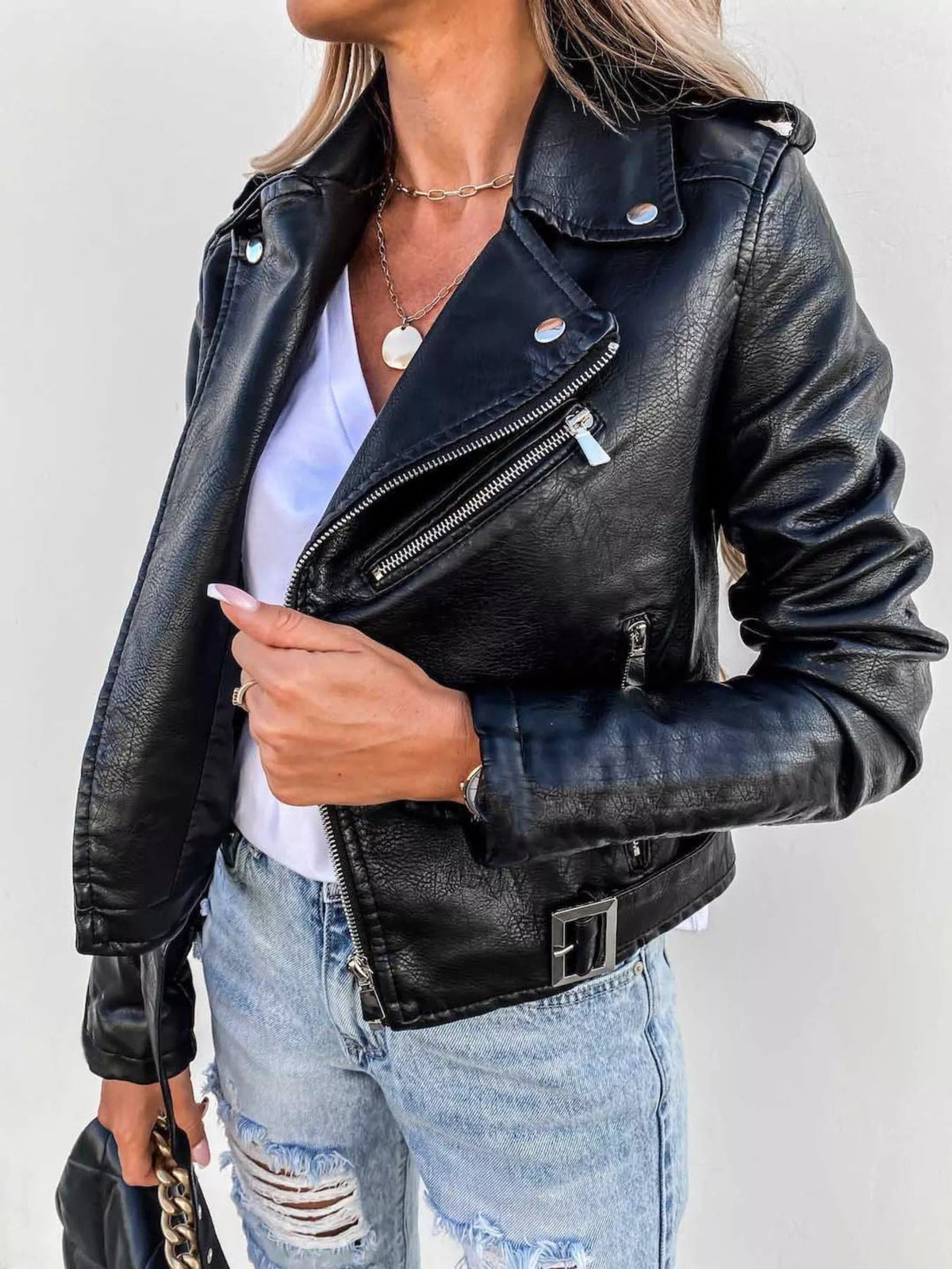 Full Size Zip Up Leather Motorcycle Biker Jacket Plus Size 