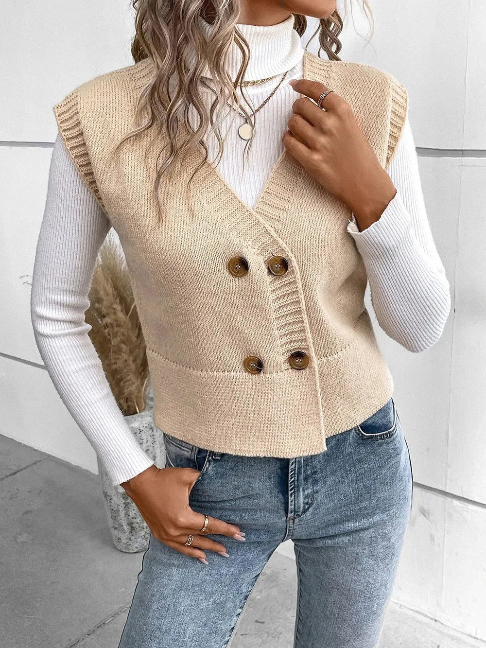 Full Size Button Up V-Neck Sweater Vest 