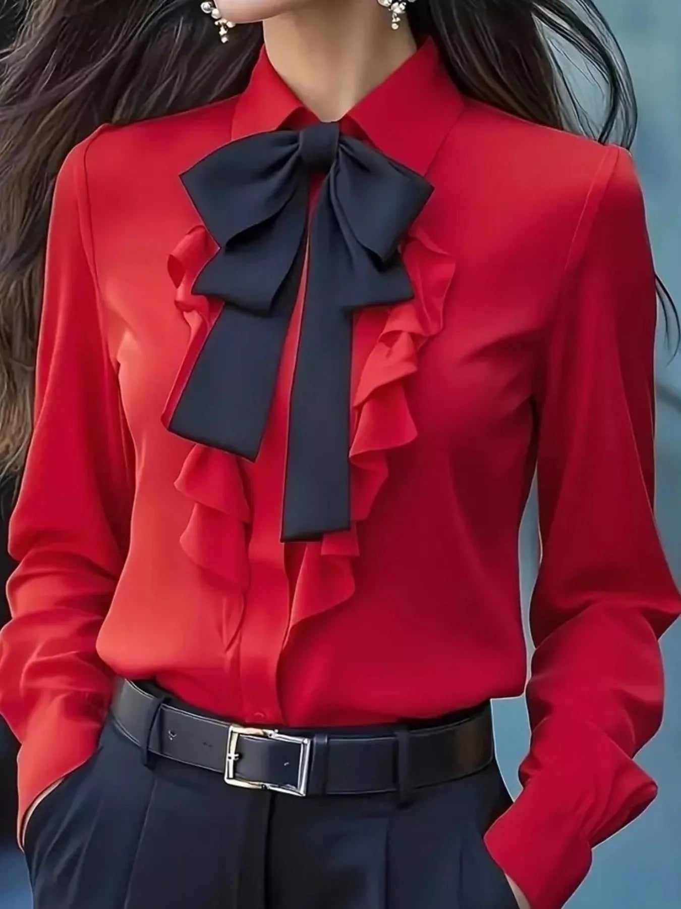 Ruffled Tie Front Long Sleeve Blouse 