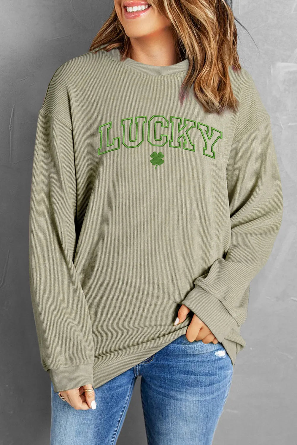 LUCKY Round Neck Dropped Shoulder Sweatshirt 