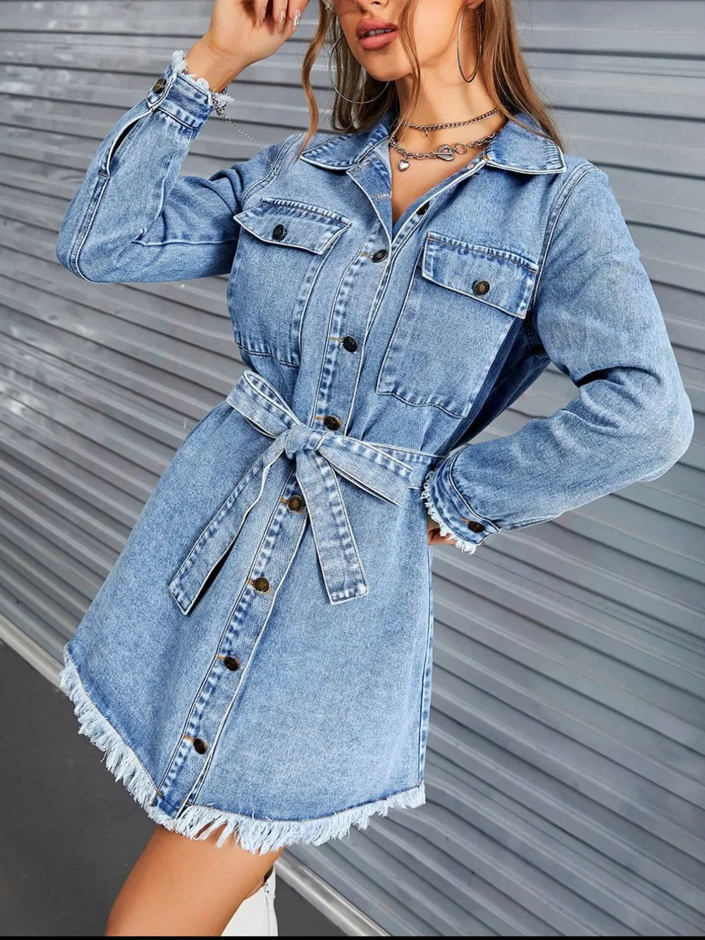 Raw Hem Collared Neck Long Sleeve Denim Dress 