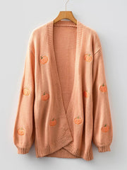 Pumpkin Tree Print Open Front Drop Shoulder Midi Cardigan 