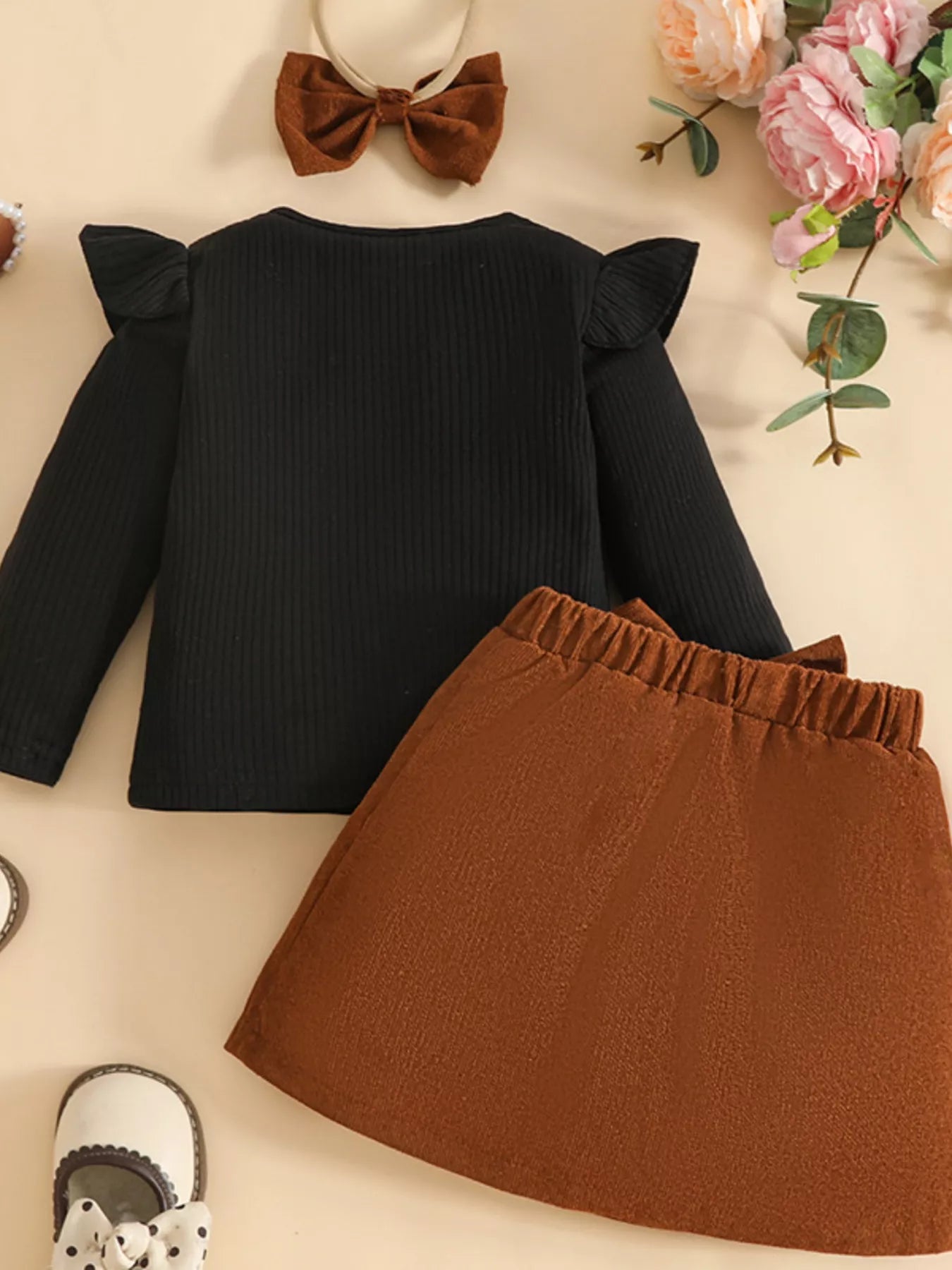 Children's Ribbed Knit Top and Bowknot Skirt Set with Headband 