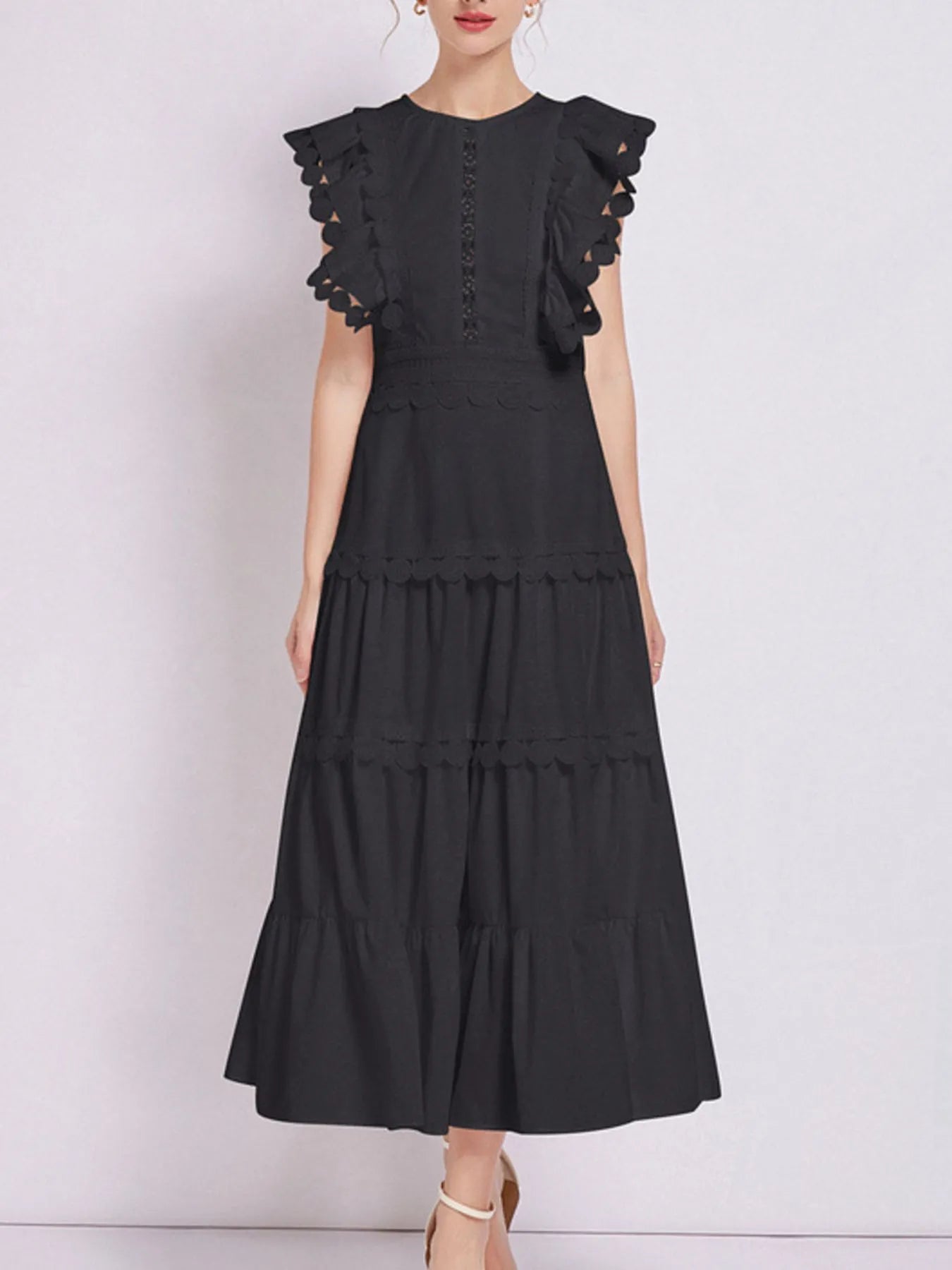 Sleeveless Ruffled Tiered Dress with Embroidered Trim 