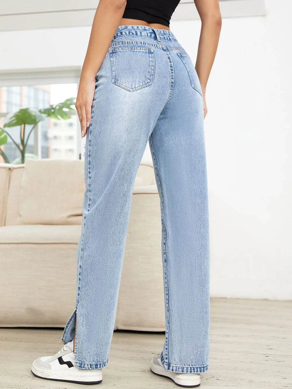 Distressed Slit Straight Leg Jeans 