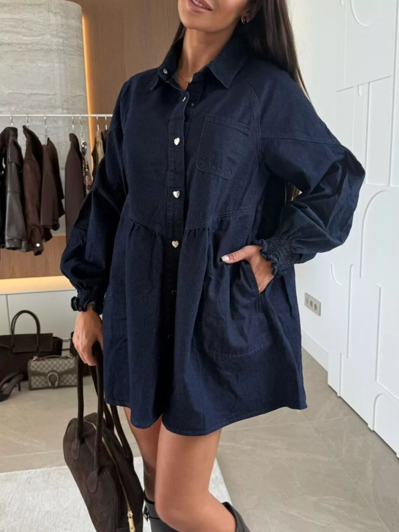 Button Down Mini Denim Dress with Front Pockets 