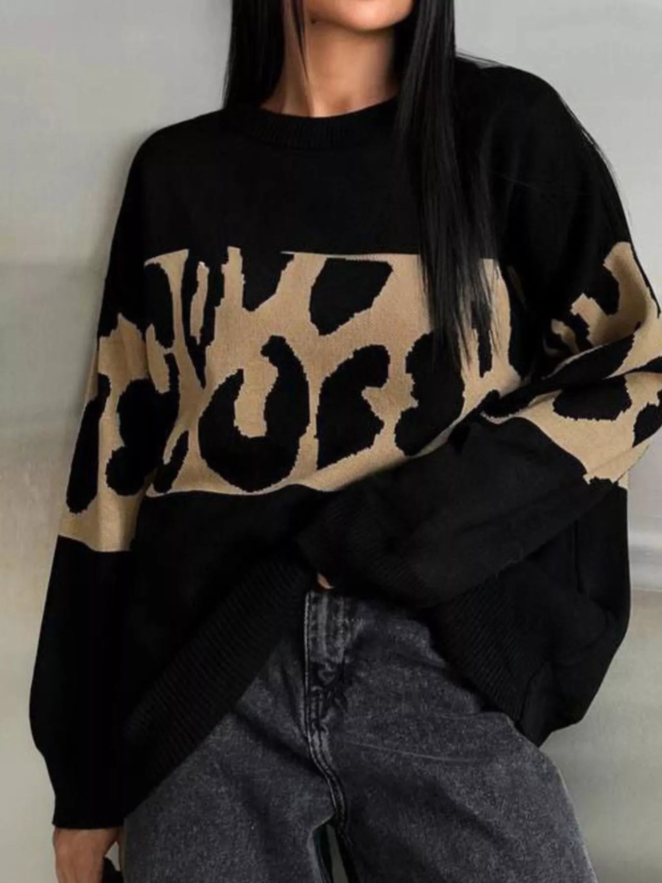 Leopard Color Block Round Neck Sweater 