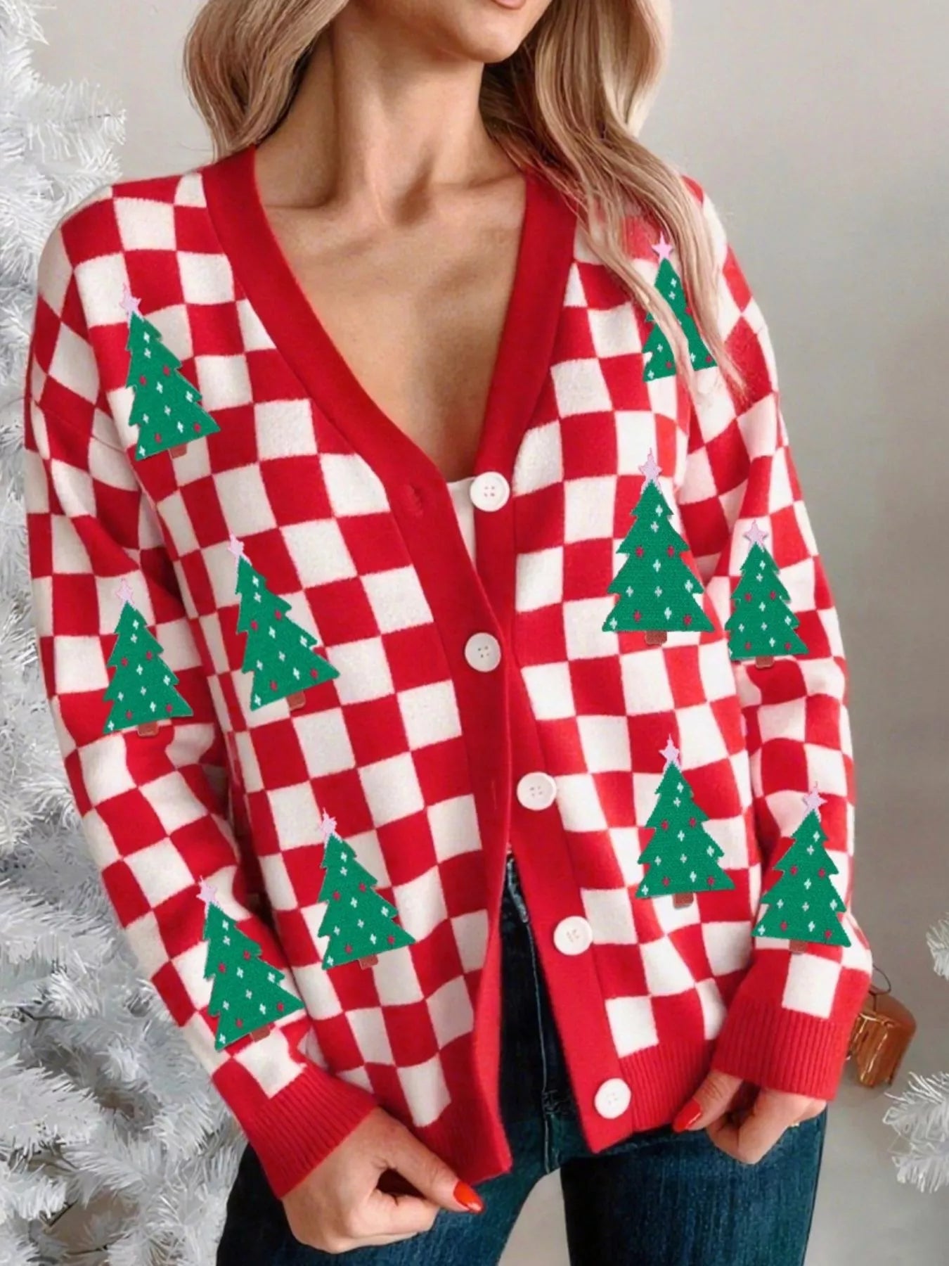 Christmas Tree Pattern Checkered Button V Neck Cardigan 