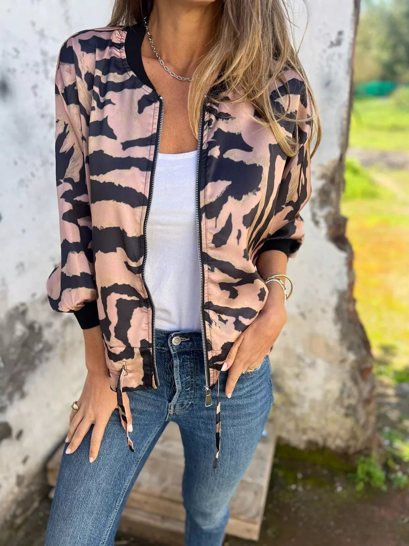 Full Size Zip Up Zebra Print Bomber Jacket Plus Size 