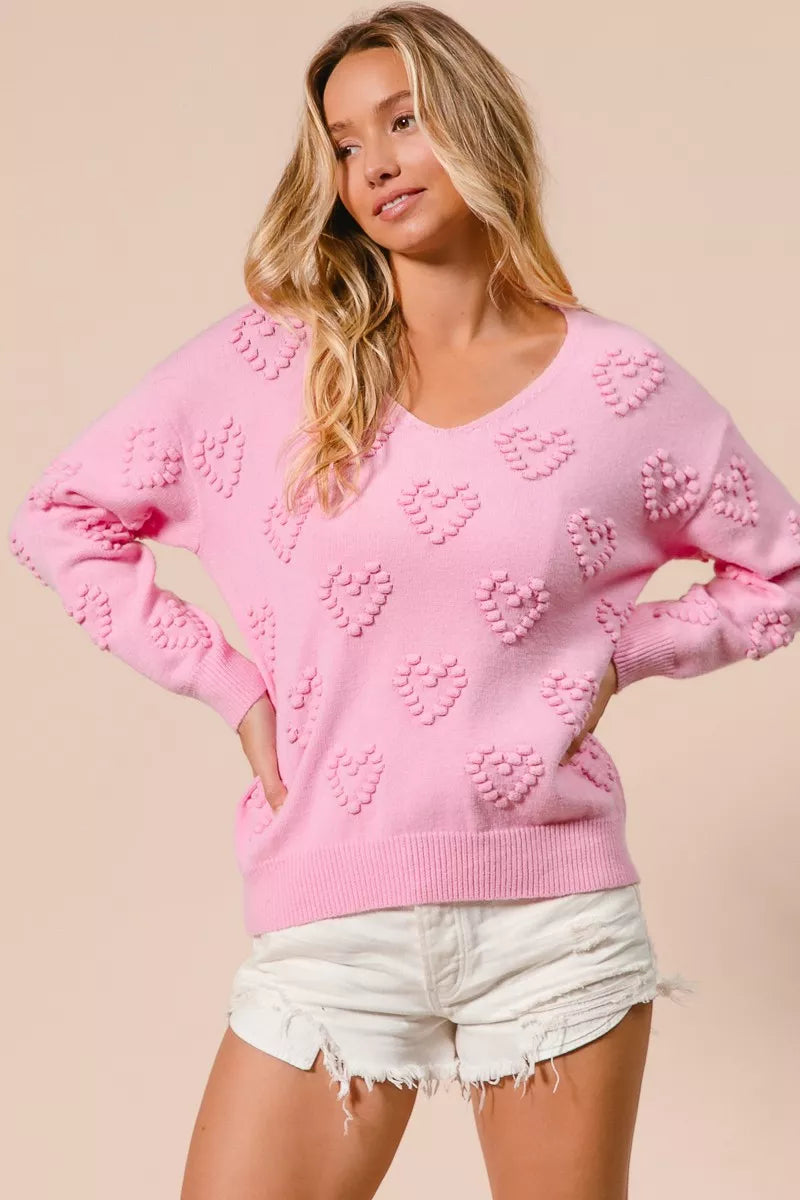 BiBi Valentines Heart Pompom V Neck Knit Top 