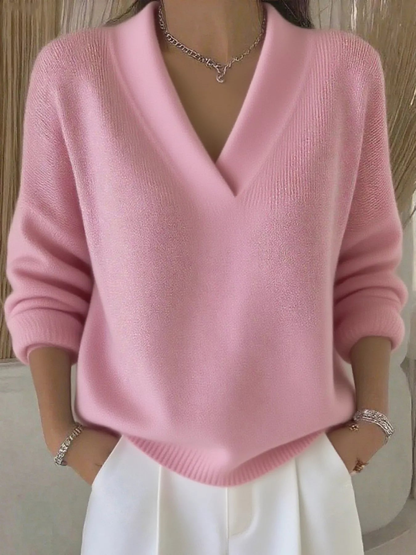 Full Size V-Neck Long Sleeve Sweater Plus Size 