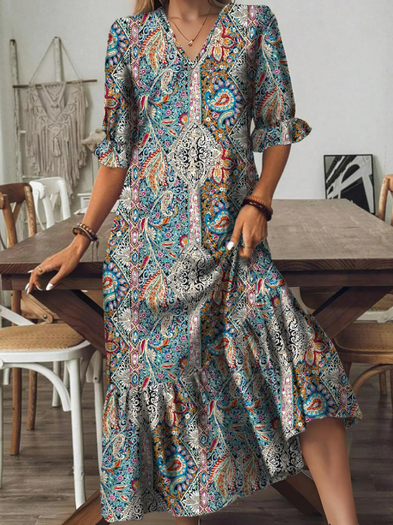 Full Size Bohemian Paisley Print V-Neck Midi Dress Plus Size 