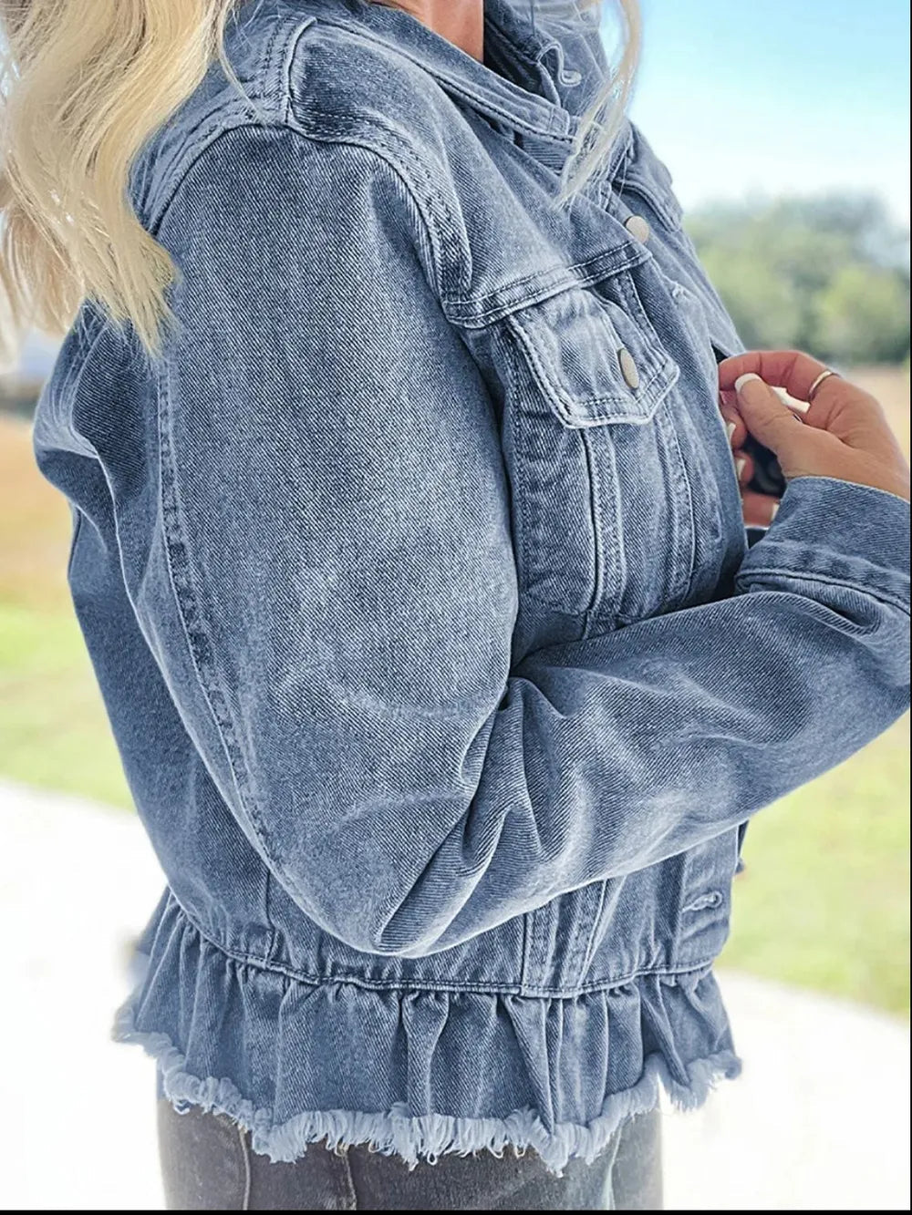 Raw Hem Long Sleeve Denim Jacket 