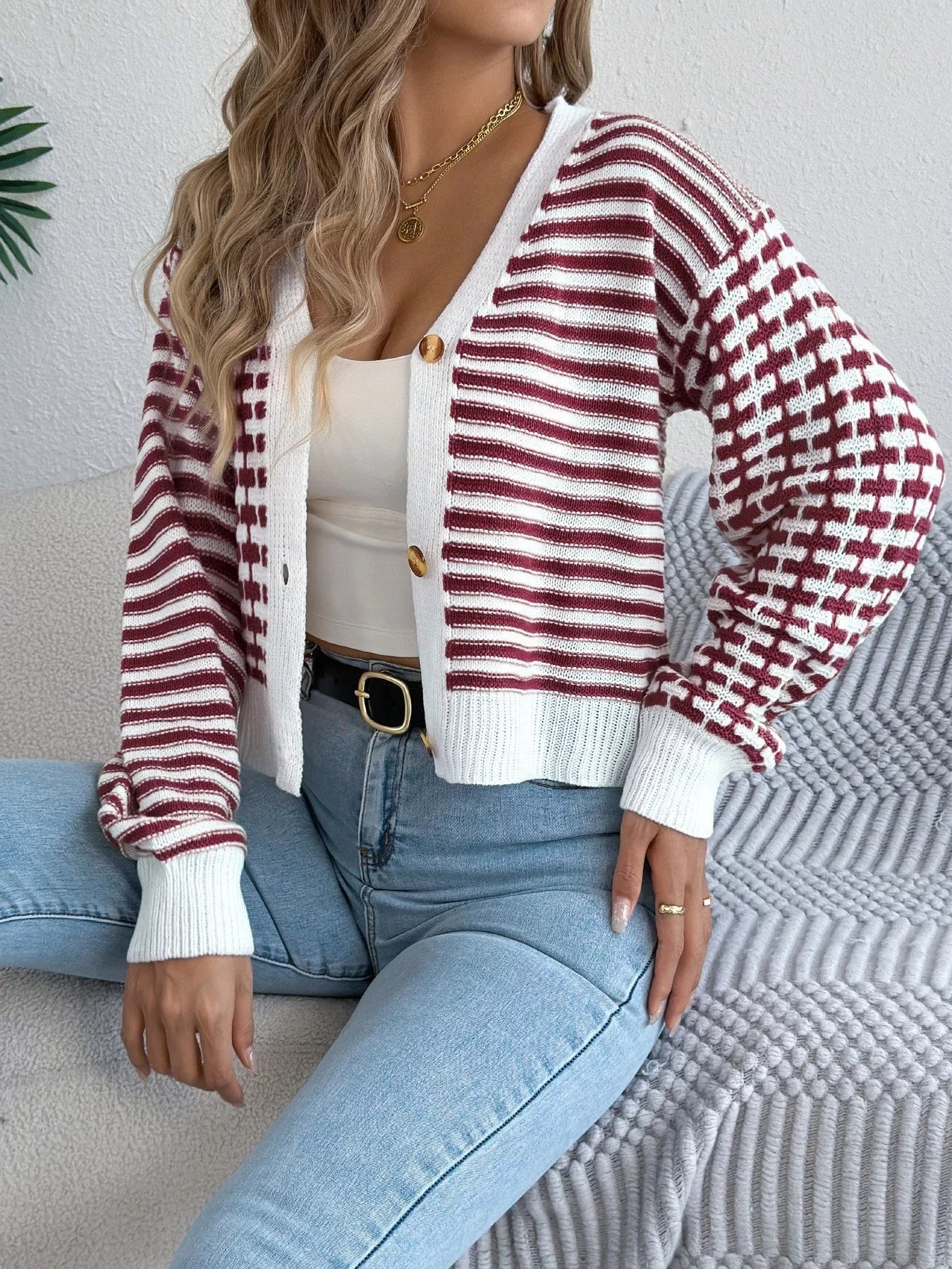 Striped Button-Up Cropped Cardigan 