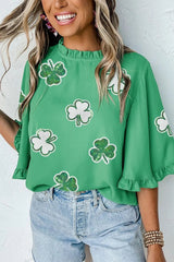 Sequin Clover Graphic Ruffled Trim Bell Sleeve St Patrick Blouse 