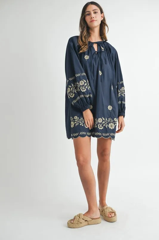 MABLE Embroidered Long Sleeve Peasant Mini Dress 