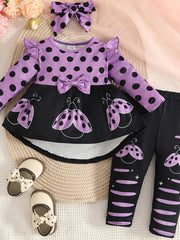 Children's Ladybug Print Ruffle Trim Top and Pants Set 